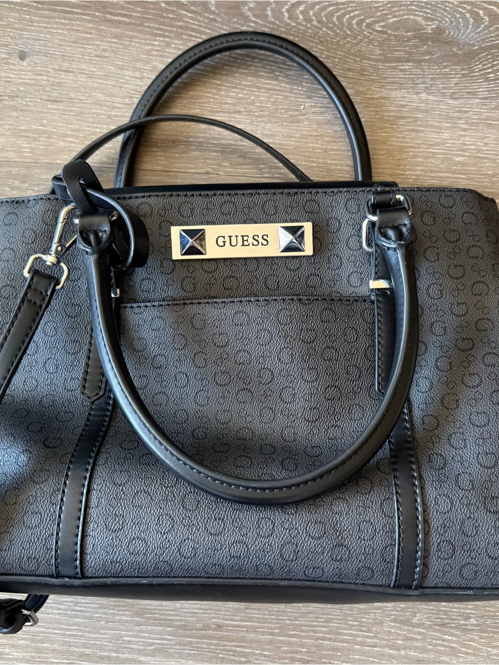 GUESS Black Monogram Satchel with silver Plaque